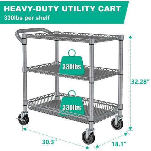 Heavy Duty 3 Tier Metal Utility Rolling Cart With Wheels For Kitchen Garage Office And Commercial Use, 990 lb capacity