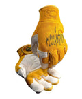 All Day Comfort Welding Gloves With Premium Cow Grain Leather And Double Stitched Palm Padding For Pro Grade TIG MIG Weld Performance Wear Patch Durable Split Cowhide Back Medium Size In Yellow, showcasing double stitching and cowhide material.