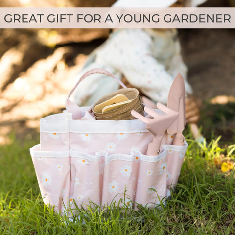 Kid Friendly Garden Starter Kit With Durable Safe Tools For Outdoor Fun Including Gloves, Tote Bag, 22Oz Watering Can, Rake, Shovel, Extra Pots, Labels And More For Tiny Gardeners displayed outdoors
