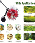 12 Nozzle Manual Seed Planter With 6 Seed Plates For 3-15mm Corn Soybean And Peanut, shown with seed and application examples.
