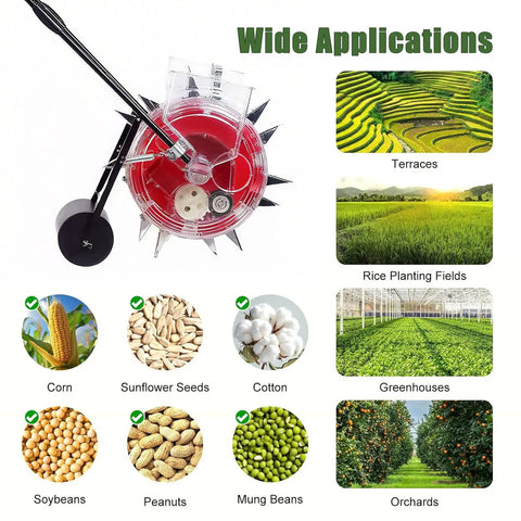 12 Nozzle Manual Seed Planter With 6 Seed Plates For 3-15mm Corn Soybean And Peanut, shown with seed and application examples.