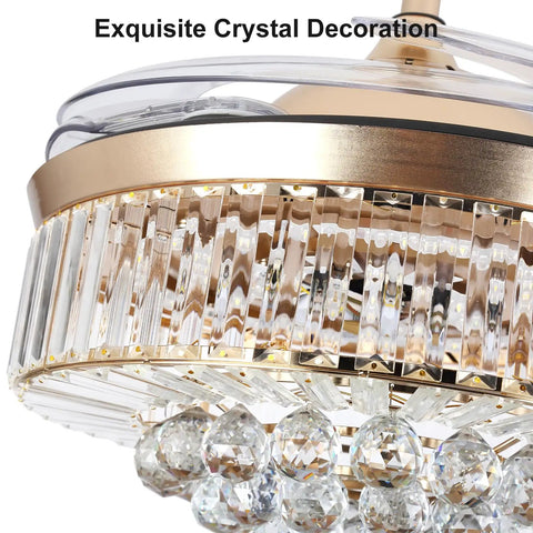 Detailed crystal decoration on 36 Inch Fandelier Ceiling Fan With Light Gold Dope Retractable Crystal Chandelier Style Reversible Blades Remote Control Dimmable LED Light Kit For Dining Room Living Room And Bedroom.
