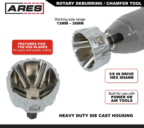 External Rotary Deburring And Chamfer Tool Pro Grade For 13 To 36 Millimeter Range With Three Eighth Inch Shank For Drills And Hex Drivers Clean And Repair Threaded Fasteners Studs And Bolts, showing tool detail with hex shank and YG8 blades.