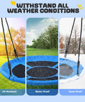 60 Inch Large Saucer Tree Swing For Kids And Adults With 700 Pound Capacity Heavy Duty Outdoor Yard Swing Seat Made From 900D Oxford Waterproof Fabric Includes Two Hanging Straps Great For Backyard Fun; swing shown in UV, water, and snow conditions
