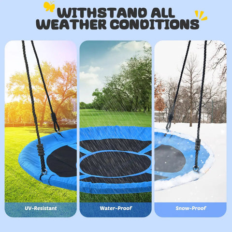 60 Inch Large Saucer Tree Swing For Kids And Adults With 700 Pound Capacity Heavy Duty Outdoor Yard Swing Seat Made From 900D Oxford Waterproof Fabric Includes Two Hanging Straps Great For Backyard Fun; swing shown in UV, water, and snow conditions