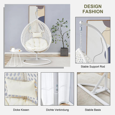 Hanging Egg Chair Outdoor Indoor With Stand, white wicker, cozy cushions, rust resistant steel frame, PE rattan weave, living room setup