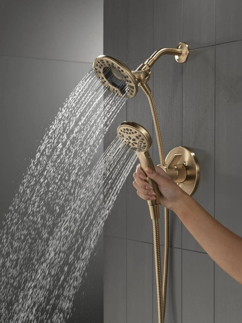 Total Bathroom Glow Up With This Top Shelf Single Handle Shower Trim Kit Featuring A Four Spray In Two One Dual Head And Easy Change Handheld Hose In Sweet Champagne Bronze Finish