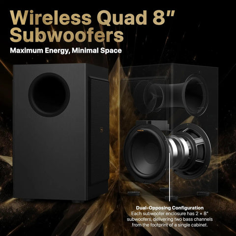 11.4.6 Channel Dolby Atmos DTS X Pro Surround Soundbar With Dual 8-Inch Opposed Subwoofers, Wireless Home Theater System, Pro Cinema Engine For Next Level Immersive Movie Nights, Big Bass And Crystal Clear Dialogue, dual 8-inch subwoofers