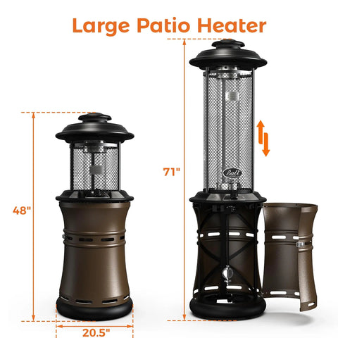 Gas Patio Heater With Wheels, Floor Standing Outdoor Heater With Round Dancing Flame And Glass Tube, 71-inch size, shown in brown.