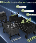 34 Inch Extra Long Collapsible Wagon Cart With 360 Lbs Capacity Heavy Duty Folding Beach Wagon On Wheels Portable Utility Outdoor Wagon For Grocery Shopping Garden Sports Camping Black shown folded and open, highlighting size comparisons and load capacity.