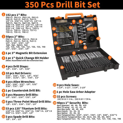 The Ultimate 350 Piece Drill Bit Set For Home Repair And Furniture Assembly with assorted bits and tools in a sturdy case.