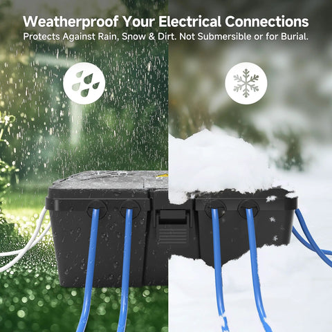 Badass Weatherproof Outdoor Electrical Box Secures Power Strips Extension Cords And Plugs keeping cables dry in rain and snow.