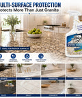 Hassle Free Spray Sealant That Locks Down Granite And Marble Countertops Against Daily Messes, 32 oz spray bottle on granite kitchen countertop.