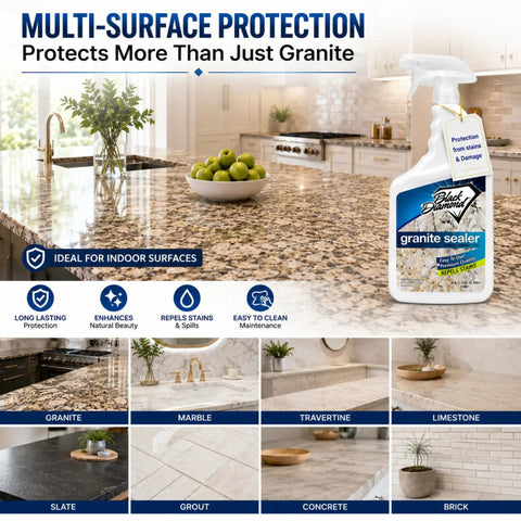 Hassle Free Spray Sealant That Locks Down Granite And Marble Countertops Against Daily Messes, 32 oz spray bottle on granite kitchen countertop.