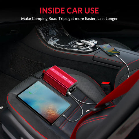 500W Pure Sine Wave Car Inverter 12V To 110V AC With 2 AC Outlets And 4.2A Dual USB Ports in a car charging devices