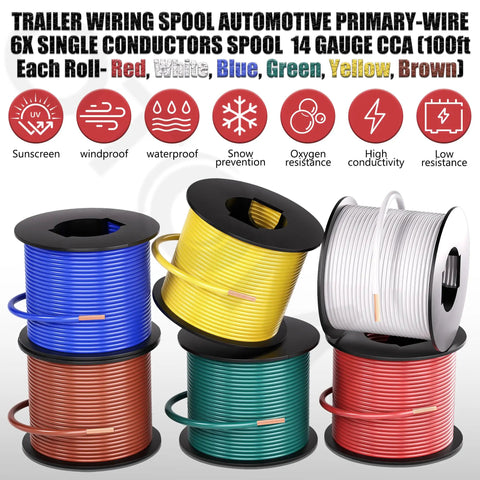 Six Color Red Blue Green Yellow Brown White 100ft Each 600ft Total 14 Gauge CCA Automotive Primary Wire Single Conductor Spool SAE J1128 Hook Up Electrical Wire For Trailer Towing RV Camper