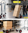 Premium Aluminum 3 In 1 Convertible Dolly Cart And 1000 Lb Hand Truck showing folded position and stacked boxes in warehouse.