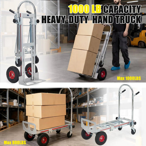 Premium Aluminum 3 In 1 Convertible Dolly Cart And 1000 Lb Hand Truck showing folded position and stacked boxes in warehouse.