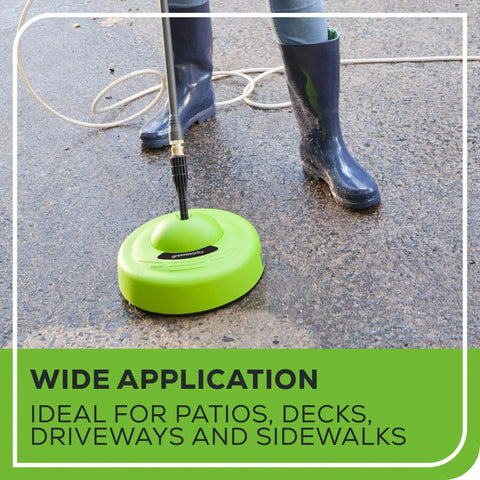 11 Inch Surface Cleaner For Pressure Washers Universal Attachment With 1/4 Inch Quick Connect in use on a wet sidewalk