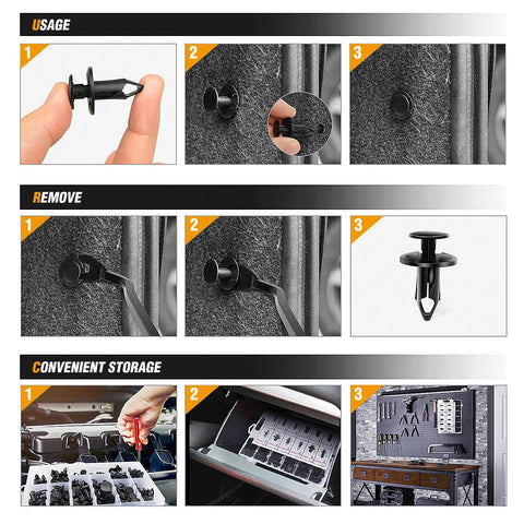 GOOACC 240-piece black plastic bumper retainer clips kit with 12 sizes for car trim and fender panels.