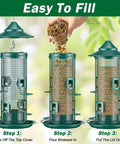 Squirrel Chew Proof Metal Mesh Bird Feeder For Outdoors All Weather Rust Proof 2 Lb Large Capacity No Fuss Refill Finch Cardinal Friendly Gift For Bird Lovers, showing refill process with top cover removal, birdseed pouring, and lid placement.