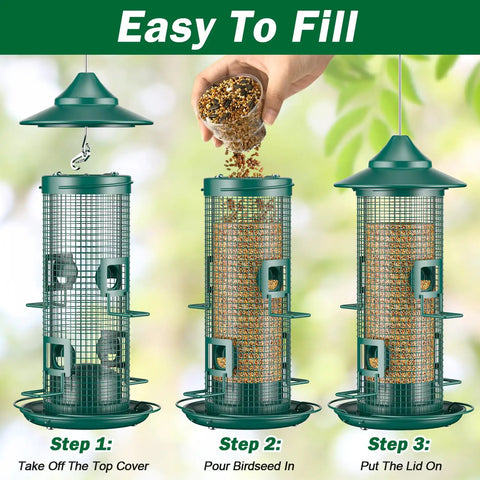 Squirrel Chew Proof Metal Mesh Bird Feeder For Outdoors All Weather Rust Proof 2 Lb Large Capacity No Fuss Refill Finch Cardinal Friendly Gift For Bird Lovers, showing refill process with top cover removal, birdseed pouring, and lid placement.
