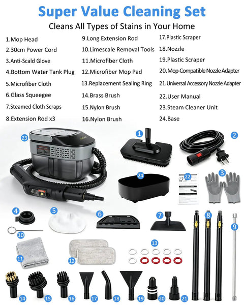 Super Value Cleaning Set with various attachments and accessories for deep cleaning all types of stains in your home.
