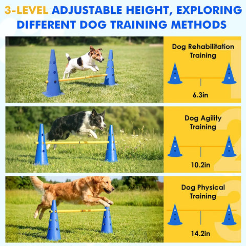 Backyard Dog Agility Training Set With Height Adjustable Crossbar, dogs jumping over hurdles of 6.3in, 10.2in, 14.2in