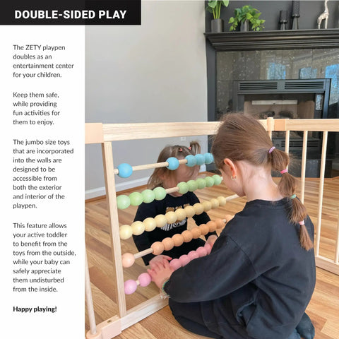 Natural Pine Wood Foldable Baby Playpen With 10 Expandable Panels And Built In Jumbo Activity Toys Tot Approved Setup seen from outside with child playing.