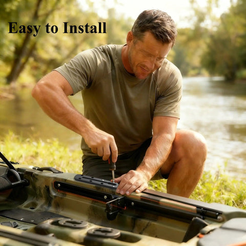 Low Profile Kayak Track Rail System For Universal Mounts With Rock Solid Nylon And 304 Stainless Steel Build, Fits Fishing Rod Holders, Cup Holders, Paddle Holders, Anchors, Fish Finders, And More Kayak Accessories installed on kayak