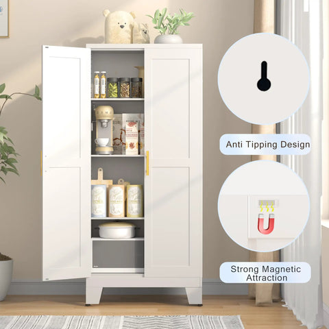 Top Shelf White Metal Pantry Cabinet With Solid Storage Shelves For Killer Home Organization And Tight Floor Space Saving Designs That Offer Reinforced Steel Build Plus Sleek Electrostatic Finish