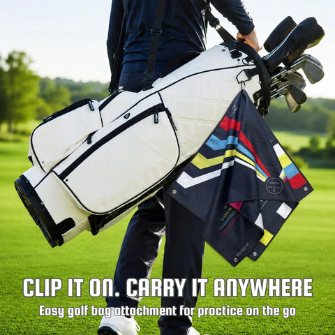 Golf Towel Training Aid For Beginners With Swing Plane And Stance Alignment Practice Portable Travel Size Ball Position Aid clipped to golf bag