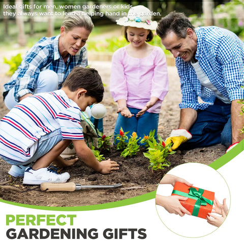 Family gardening together with a Two Pronged Dandelion Weeder Puller Tool With Wood Handle Stainless Steel Garden Weed Remover in front.