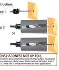 Illustration showing Carbide Tipped Hole Saw Cutter 3 Inch 76mm Heavy Duty for Thick Wall drilling instructions with tools and warning.