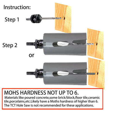 Illustration showing Carbide Tipped Hole Saw Cutter 3 Inch 76mm Heavy Duty for Thick Wall drilling instructions with tools and warning.