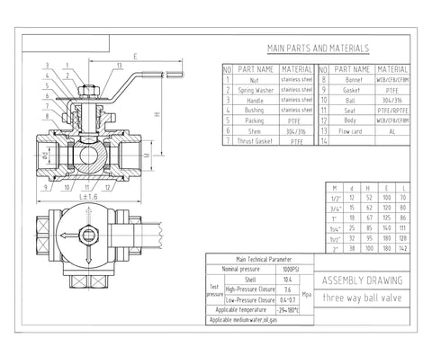 Technical drawing of Three Eighths Inch NPT Female Port Three Way Ball Valve With L Port Stainless Steel 304 Vinyl Locking Handle Tough As Nails Built To Last L Type Bore Corrosion Resistant PTFE Stem Seal Heavy Duty Industrial Grade Valve, showing part list and dimensions.