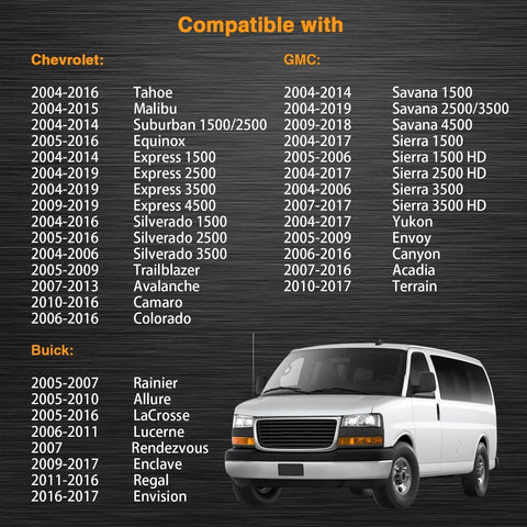 Compatibility list for Half Inch Drive Fuel Tank Lock Ring Tool with white van image, showing compatible Chevrolet, GMC, Buick models.