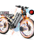 2025 Badass Adult Electric Mountain Bike Built To Rip With 6000W Dual Motors, 60V 80Ah Battery For Legit 300 Plus Miles Range, 26 By 4.0 Inch Fat Tires, Full Suspension, Rear Rack And Basket, Gray side view with full suspension and fat tires.