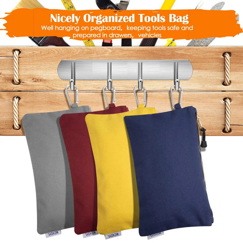 Four Heavy Duty Canvas Tool Pouches Set With Zipper Bags And Carabiners, 12x7 Inch Multipurpose Utility Organizer Bags hanging on hooks