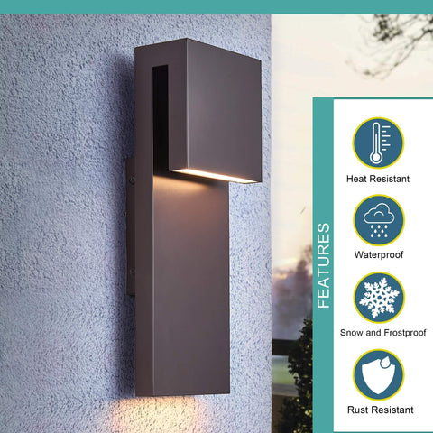 Sleek Outdoor Indoor LED Wall Sconce With Two Lights, 17W Total, Bronze Finish, Weatherproof Wall Light For Front Porch and Exterior Hallways