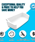 Beefed Up Door Bin Module Shelf Replacement For Refrigerator Middle Door Bin Easy Install AP5628753 with icons and text