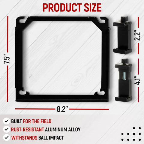 Fence Mount For Cell Phone With Shade And Power Bank Pouch Outdoor Phone Holder Kit That Reduces Glare Keeps Screen Visible And Cool No Fuss Easy Install For Deck Or Fence Rail Game Changer Mounting Kit size chart showing 8.2 x 7.5 in aluminum alloy frame