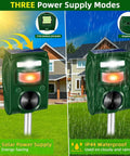 Solar Ultrasonic Animal Repeller with Five Frequency Modes, motion sensor, and strobe light in outdoor garden setting