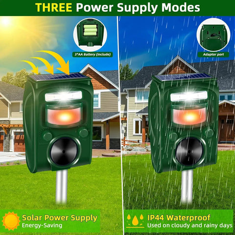 Solar Ultrasonic Animal Repeller with Five Frequency Modes, motion sensor, and strobe light in outdoor garden setting