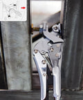 Expand O Reverse Action Clamping Pliers with 500 lbs clamp pressure securing metal piece, 1 to 1 three quarters inch range.