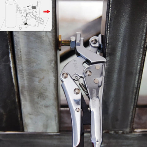 Expand O Reverse Action Clamping Pliers with 500 lbs clamp pressure securing metal piece, 1 to 1 three quarters inch range.