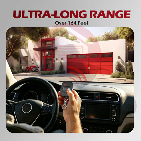 Person in car using Two Pack Universal MultiCode Gate Opener Remote 3089 308911 MCS308911 for garage doors with 300MHz capability