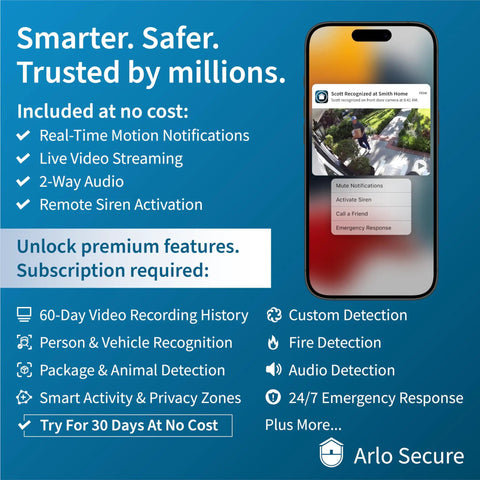 Arlo Secure plan feature highlights including motion notifications, video streaming, and emergency response on phone screen.