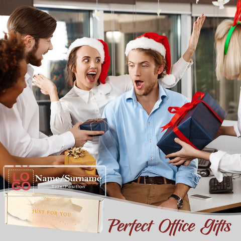 Group celebrating in office with Fully Customizable Desk Name Plate With Logo Upload Acrylic Office Name Plate For Boss Gifts