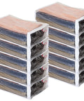 Two stacks of set of ten clear vinyl zippered storage bags 11x15x4 inches, packed with assorted linens, see-through design, dust resistant.